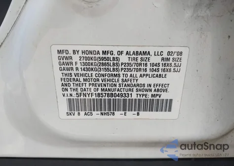 2008 Honda Pilot Ex-L из США, поврежденный, VIN 5FNYF18578B049331